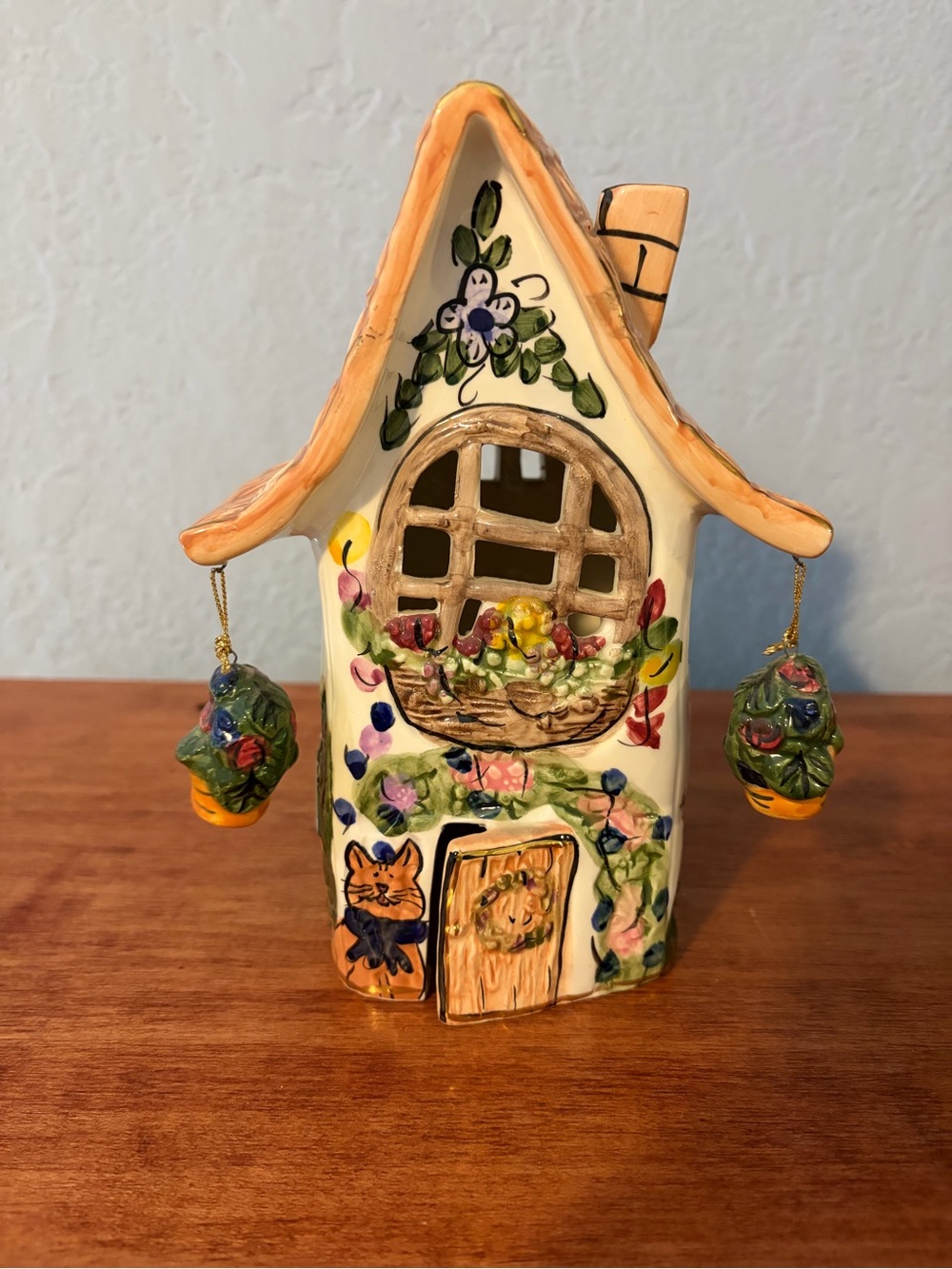 Hand-Painted Ceramic Cottage Tealight Holder - Cream & Orange